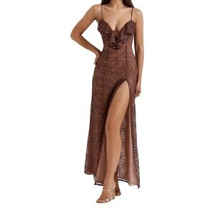 House of CB Brown Glitter Lace Maxi Dress with Ruffle Bodice